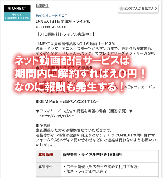 a8のU-NEXTのセルフバックのアフィリエイト案件