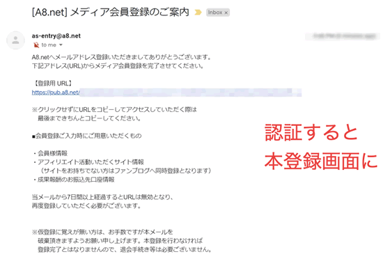 a8ネットからの認証メール