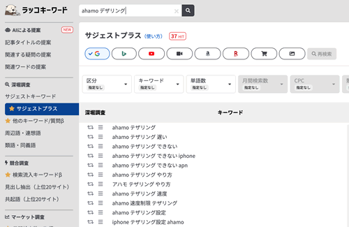 ラッコキーワードで構成案に繋がるキーワードを調査